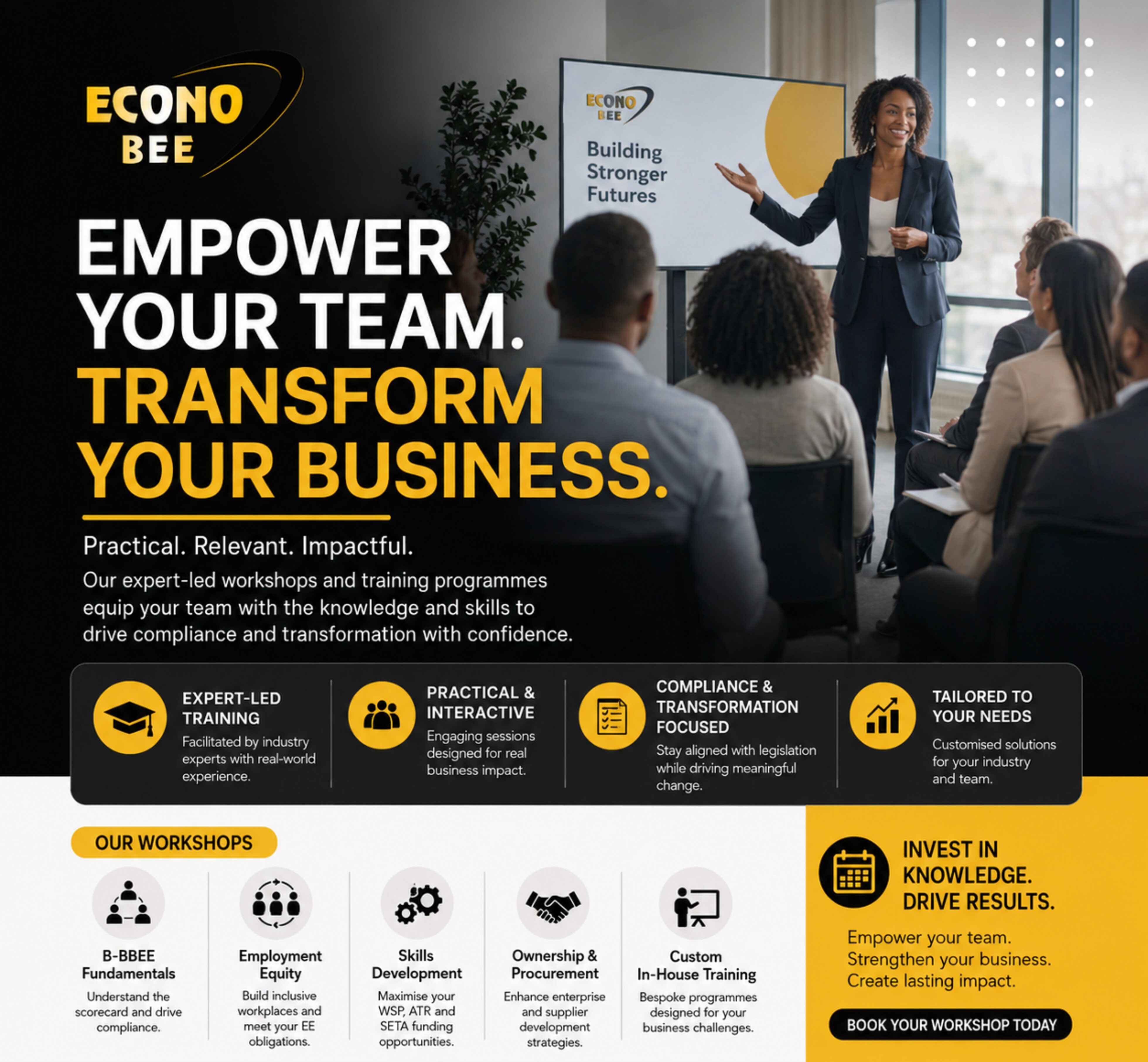 Corporate EconoBEE workshops and training services poster promoting B-BBEE Fundamentals, Employment Equity, Skills Development, Ownership & Procurement, and customised in-house business training.